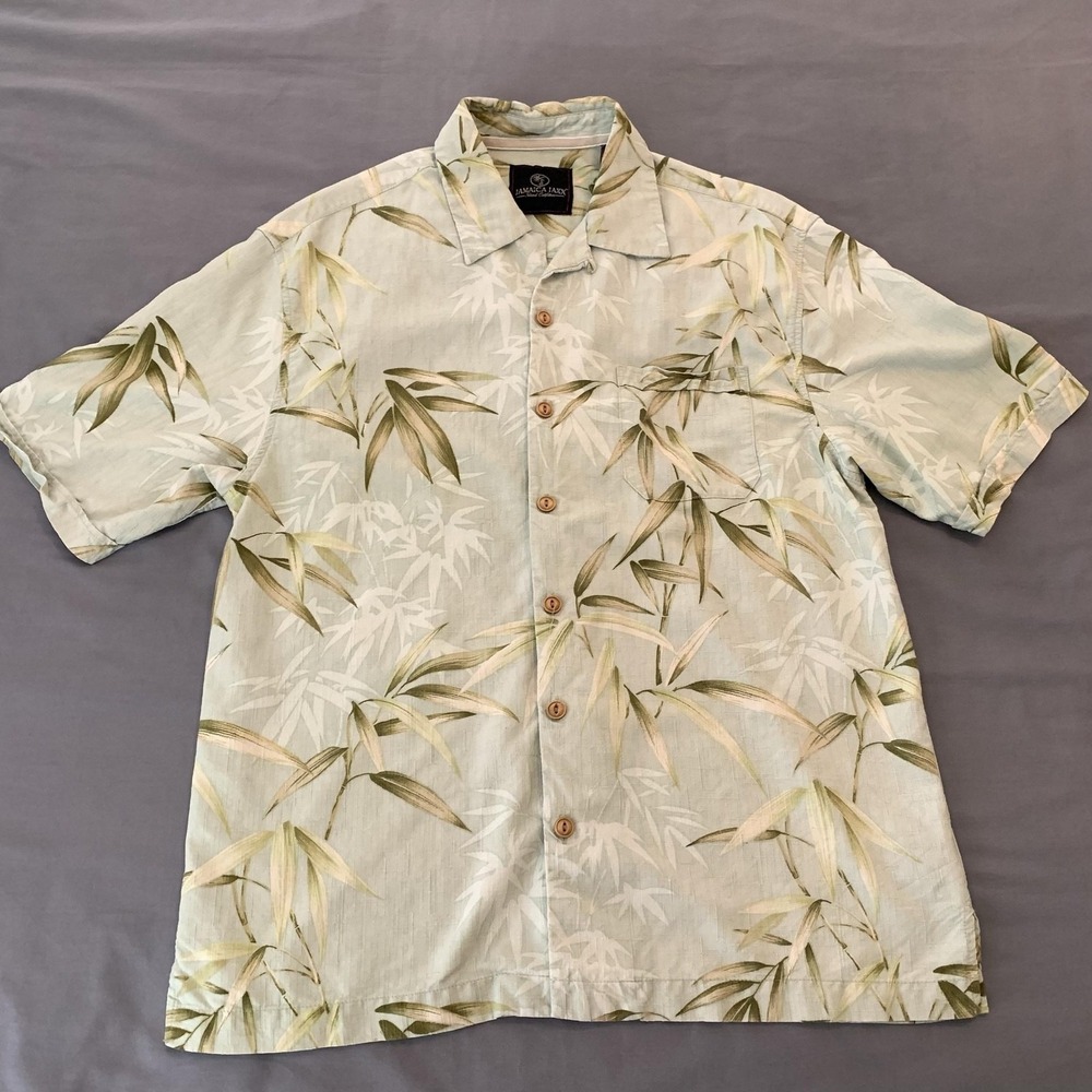 Jamaica Jaxx Shirt Mens Medium Green Silk Hawaiian Short Sleeve Button Front